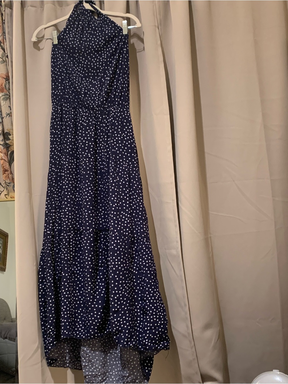 Navy Polka Dot High-Low Halter Dress